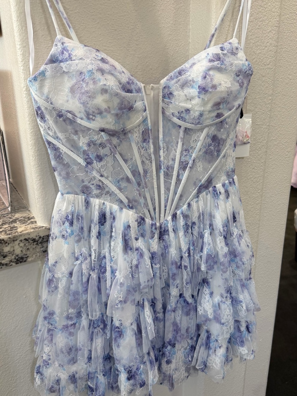Alyce Paris 30009 short floral Lace Corset Mini Dress in Lavender and White